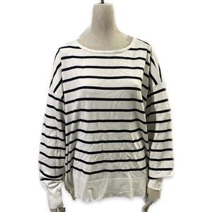 Marled Sweater Top XL Striped Nautical Lightweight Knit Gold Buttons White Navy
